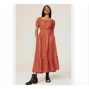 Pamela Love Terracotta Floral Lace Midi Dress Orange Tiered XS Maxi Short Sleeve